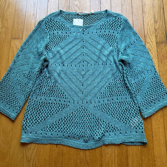 Boho Soft Surroundings Size L NEW Blue Crochet Knit Beachwalk 3/4 Sleeve Sweater - Picture 2 of 16